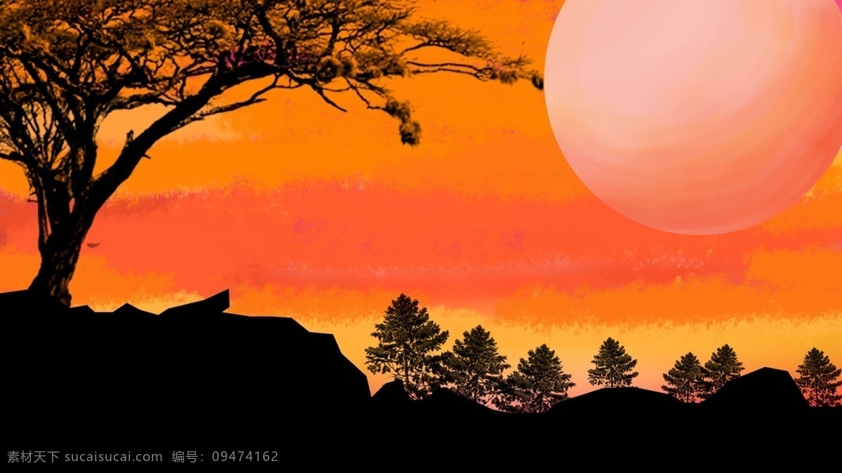 美丽 黄昏 手绘 背景 设计素材 手绘背景 天空 广告背景 背景素材 卡通背景 插画背景 日落 psd背景 背景展板