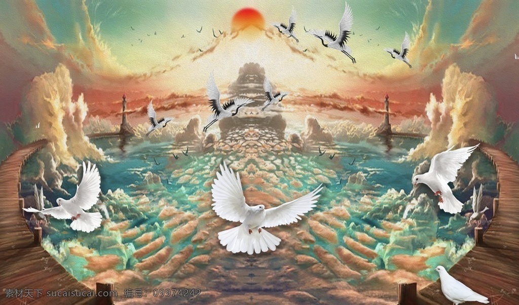 油画 海景 飞 鹤 玄关 屏风 背景 底纹 素 飞鹤 艺术