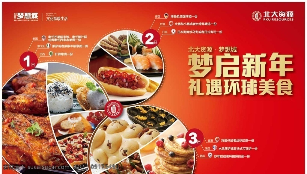 环球美食背景 美食 国家 背景 红色 金色 甜点 烧烤 寿司 梦想城 北大资源 房地产 展板模板