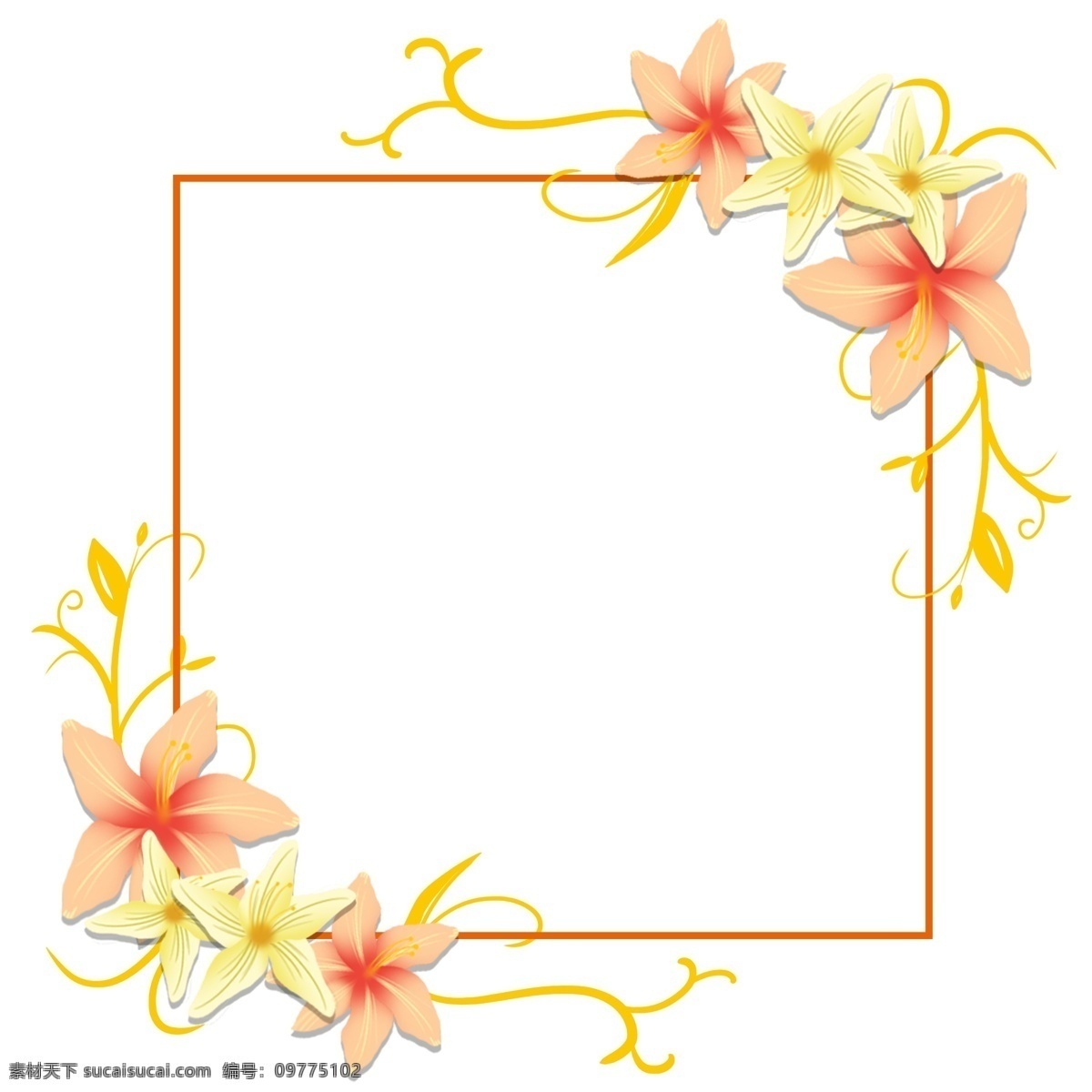 原创 手绘 创意 百合花 装饰 边框 创意百合 百合 黄色 橙色 曲线 方框 橙色百合花 图案
