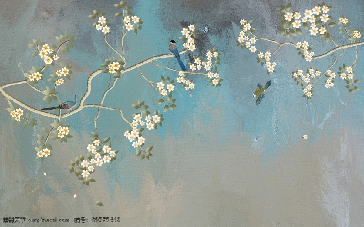 北欧 手绘 花鸟 玄关 屏风 电视 背景 墙 电视背景墙 壁画