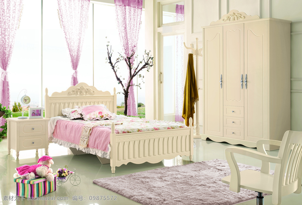 法式 儿童 床 图 床头柜 地毯 衣柜 法式儿童床 背景 家居装饰素材 室内设计