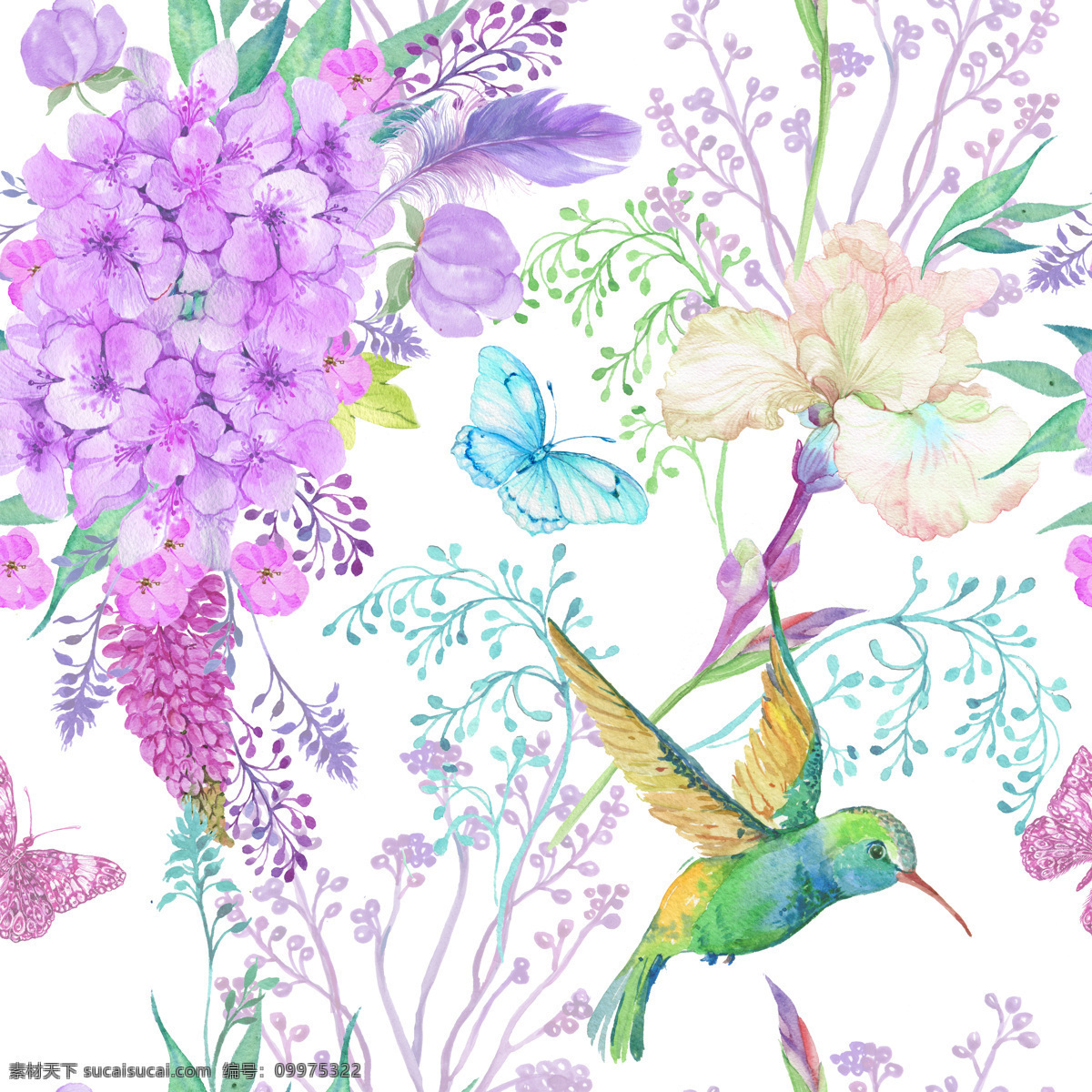 手绘 紫色 绣球 花卉 背景 蝴蝶 唯美 叶子 背景素材 绿色 水彩 羽毛 喜鹊