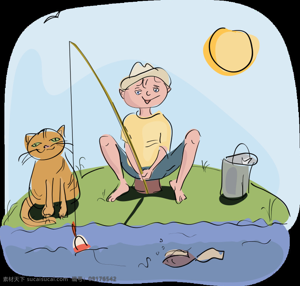 男孩 小猫 钓鱼 垂钓 河 假期 假日 猫 夏天 兴趣爱好 spring2013 病媒生物 插画集