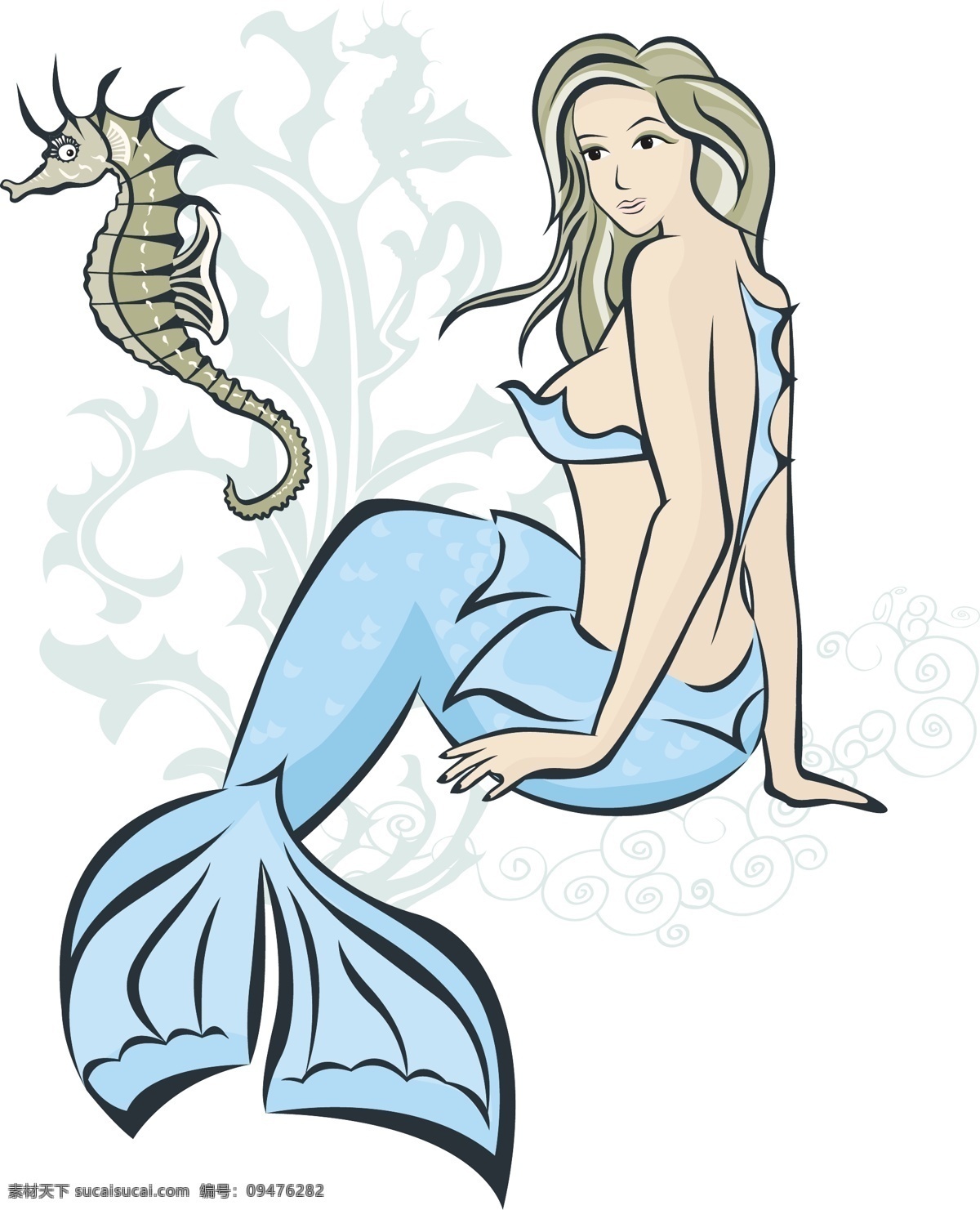 美人鱼和海马 美人鱼 卡通 海底世界 海草 海马 水彩 儿童画 插画 装饰画 原创未分类 卡通设计