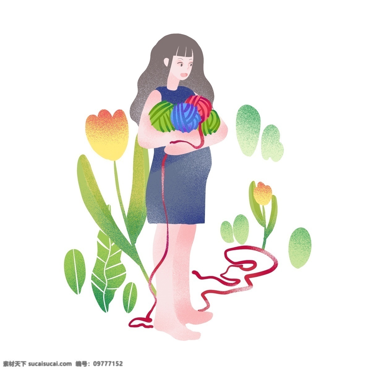 抱 线团 小女孩 母亲节 人物 插画 女孩 彩色的线团 漂亮的小女孩 怀孕的小女孩 卡通人物
