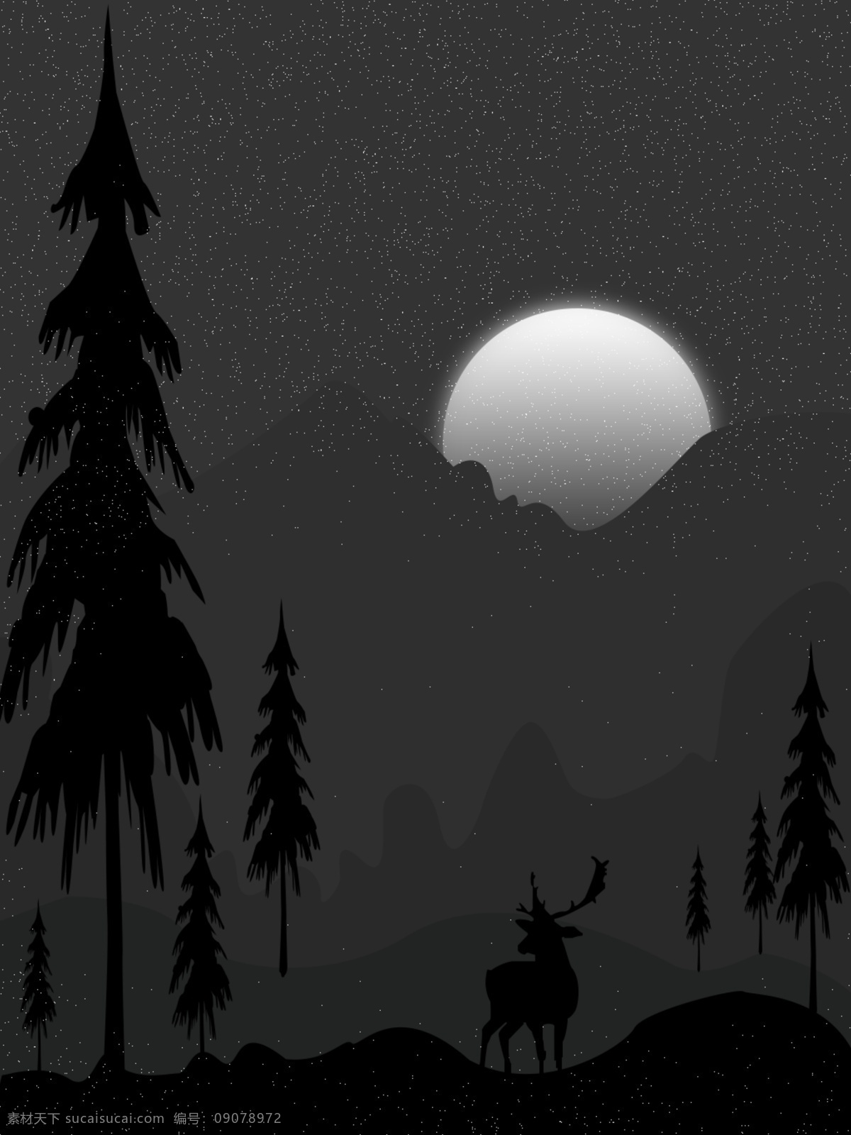 简约 插画 羚羊 山 背景 简约背景 插画背景 星空背景 树林背景 简约风 夜晚星空背景 星空插画背景 羚羊背景 山脉背景 手绘风