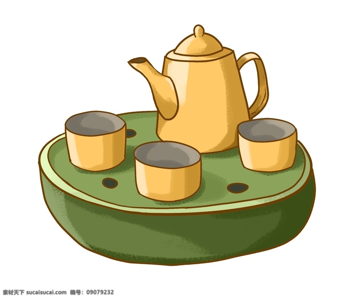 黄色 茶壶 茶杯 插图 绿色平底 黄色茶壶 黄色茶杯 喝茶用品 精致的茶杯 中国风 古风 中国水墨 功夫茶
