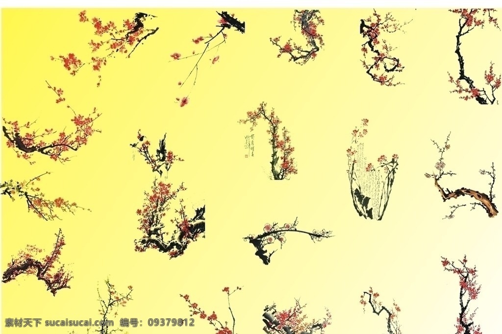 梅花 生物世界 腊梅 水墨 花草 花枝 中国水墨画 生物世界素材 树木树叶 矢量