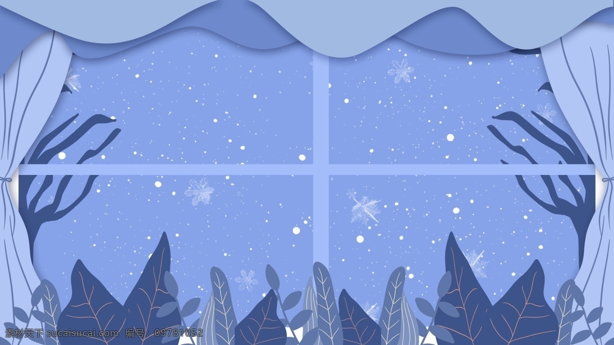 浪漫 清新 蓝紫色 树枝 广告 背景 蓝色背景 雪花 植物 树木 广告背景 雪点 手绘