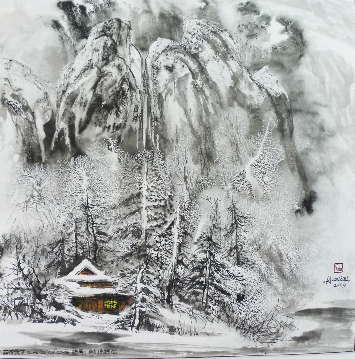 银妆素裹 白浩然作品 泼墨画 水墨画 水墨中国 墨海堂 山水泼墨 玉树银花 琼枝玉叶 乡野情怀 红灯笼 草屋 白雪 中国山水 白雪圣境 大雪无尘 冬韵 绘画书法 文化艺术