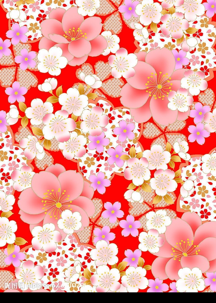 日本 风格 中 色彩 八重樱 小樱花 樱花花纹 底纹边框 背景底纹 设计图库