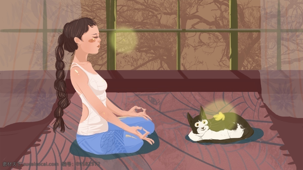 原创 插画 瑜伽 女孩 猫咪 小清新 壁纸 桌面 瑜伽健身 插画绘画 治愈