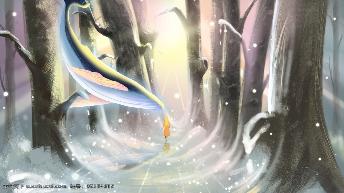 手绘 写实 风景 女孩 鲲 森林 迷路 雪 季 光束 壁纸 原创设计 手绘写实 森林迷路 雪季 下雪了 手机封面 背景用图