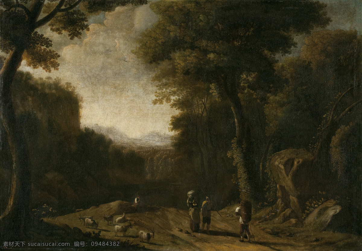 大师 画家 古典 画 建筑 景物 装饰画 油画 pastor un y caminantes con paisaje van herman swanevelt 人物 高清 西方 国外 现代 家居装饰素材