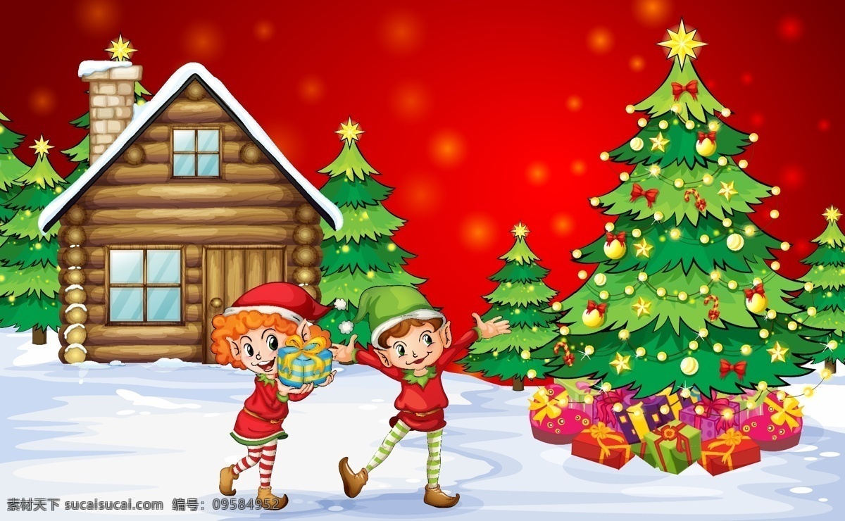 卡通 圣诞节 插画 矢量 孩子 节日 礼包 木屋 圣诞树 矢量图 小朋友 雪花 雪季 日常生活