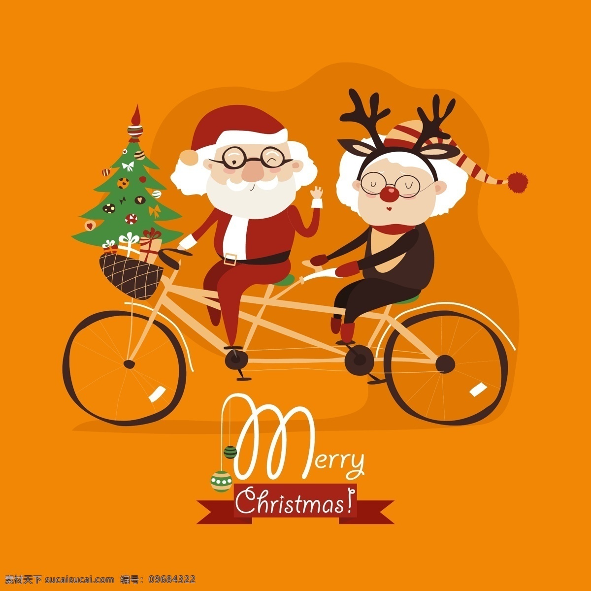 奶奶 爷爷 骑 自行车 卡通素材 免抠 免抠素材 骑自行车素材 圣诞 圣诞老人 矢量插图