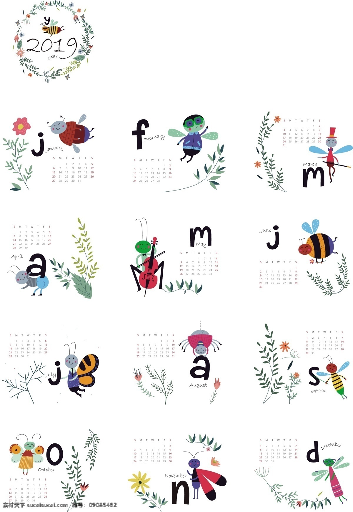 原创 字母 2019 台历 动物 花草 昆虫 可爱 卡通