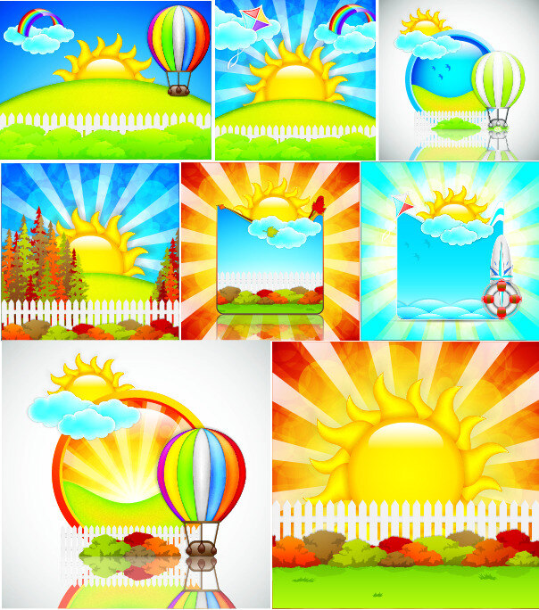 卡通 太阳 热气球 阳光 矢量图