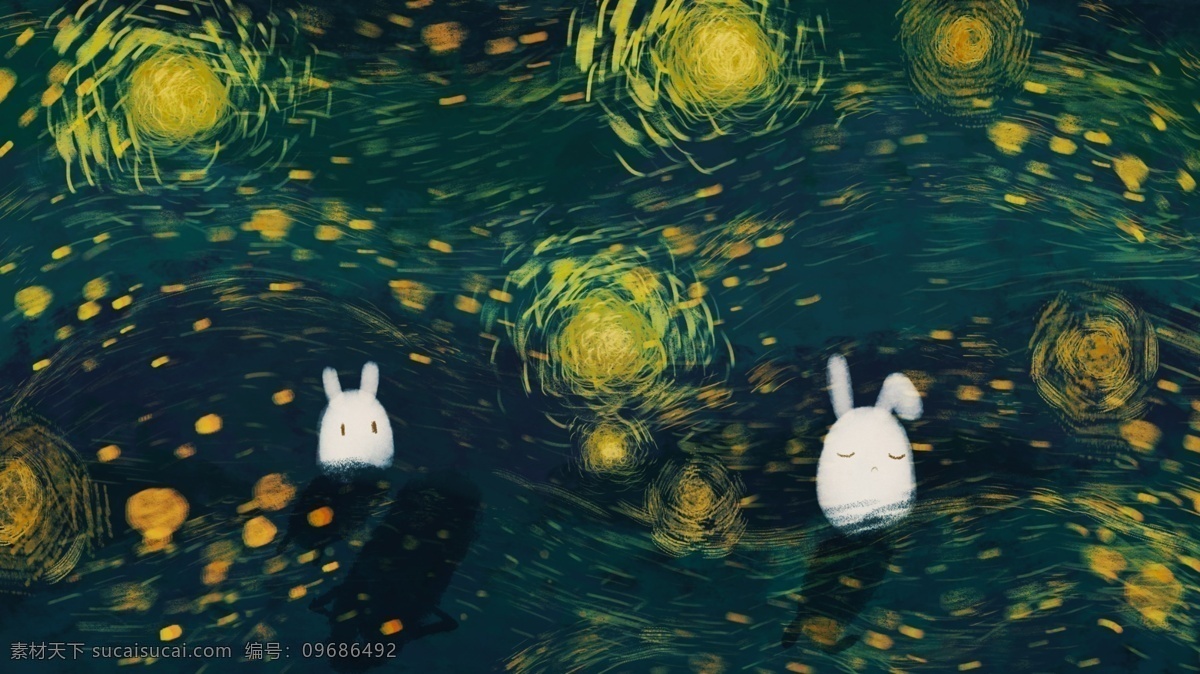 星空 涂鸦 插画 背景 手绘 背景图 卡通背景 兔子 创意 banner 背景设计