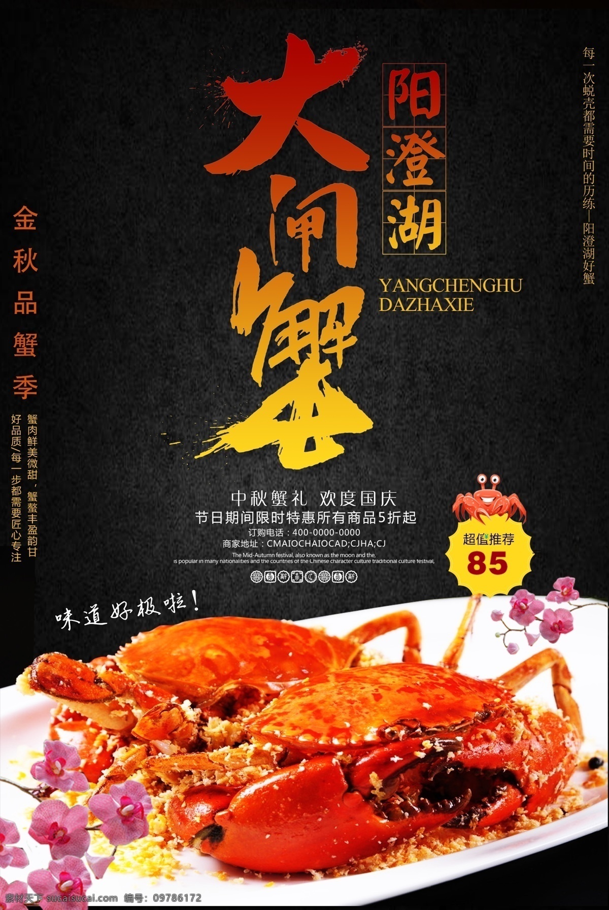 阳澄湖 大闸蟹 美食 宣传海报 模版 黑色 简约 促销 螃蟹 尝鲜 海报感兴趣 免费模版