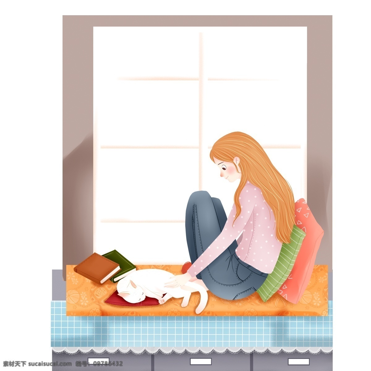 玩 猫 的卡 通 女孩 图案 元素 卡通女孩 手绘人物 设计元素 简约 小猫 手绘 装饰图案 元素设计 免扣元素