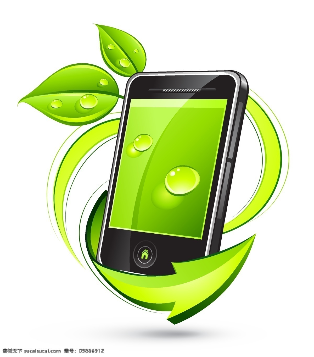 绿色环保手机 3d箭头 绿叶 水珠 水滴 通讯 商务 科技 现代 信息 矢量 通讯科技主题 通讯科技 现代科技