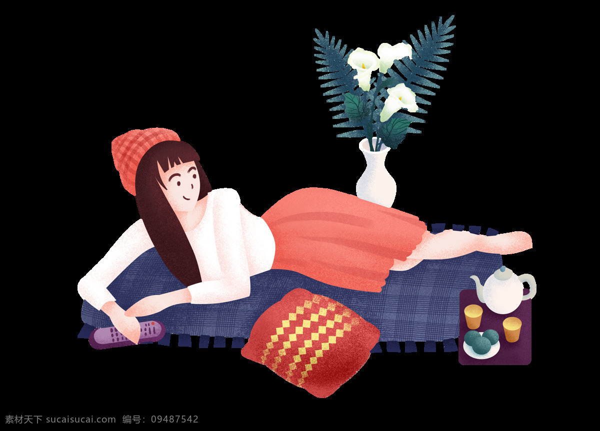 榻榻米 上 安逸 休息 女孩 喝水 透明元素 png元素 免抠元素