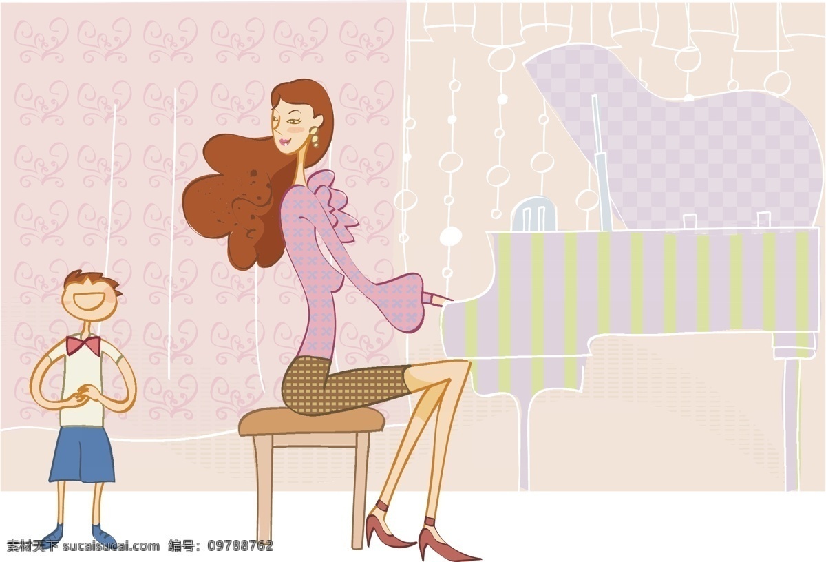 同乐 小孩唱歌 时尚 妈妈 弹 钢琴 妇女 高跟鞋 欢乐 家庭 卡通背景 开心 可爱 美女 男孩 小孩 时尚矢量 休闲 小朋友 女人 人物 漂亮 女性 音乐教室 演奏 矢量图 矢量人物