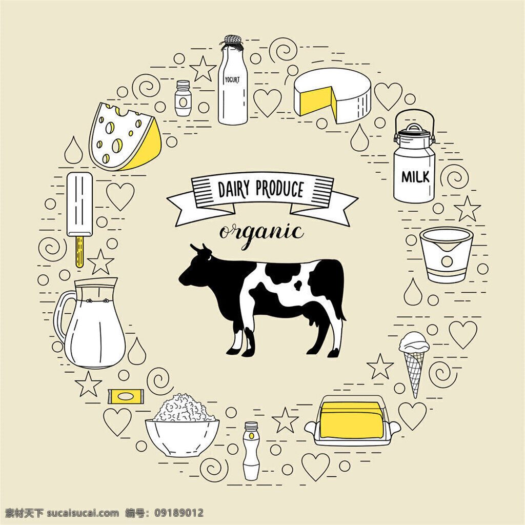 卡通 奶牛 乳制品 奶牛牛奶 milk 杯子 logo 标识标签 牛奶包装 包装设计 矢量 圆环插画