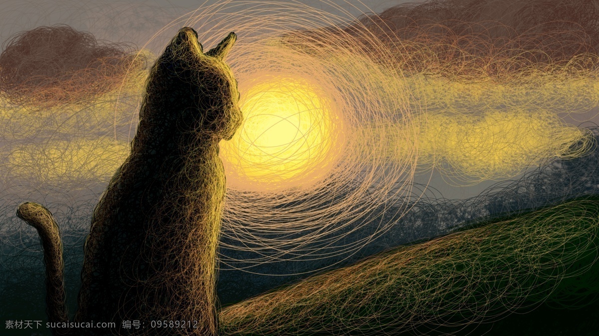 线圈 治愈 插画 猫 日出 晚霞 天空 装饰画 壁纸 剪影 白云 纹理 底纹 山坡 小山丘 乌云 肌理 手机壳 喵咪 复古 怀旧 思念 想念 陪伴 海