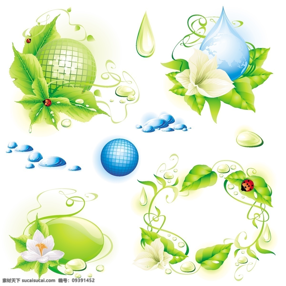 环保 主题 矢量 保护环境 材料 地球 花卉 环境 昆虫 绿色 七星瓢虫 水滴 枝晶 绿色的树叶 载体