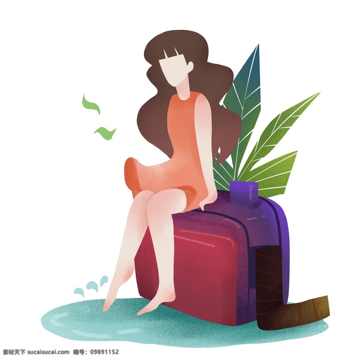 踏青 旅游 小女孩 踏青人物插画 旅游的小女孩 紫色的旅行箱 绿色的叶子 植物装饰 卡通人物