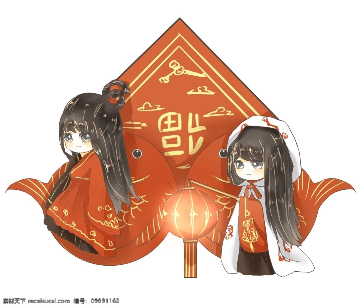 手绘 漂亮 女生 庆 新年 古风萌系 红灯笼 长发萝莉 万事如意 年年有余 新年好 除夕夜 大吉大利 红色