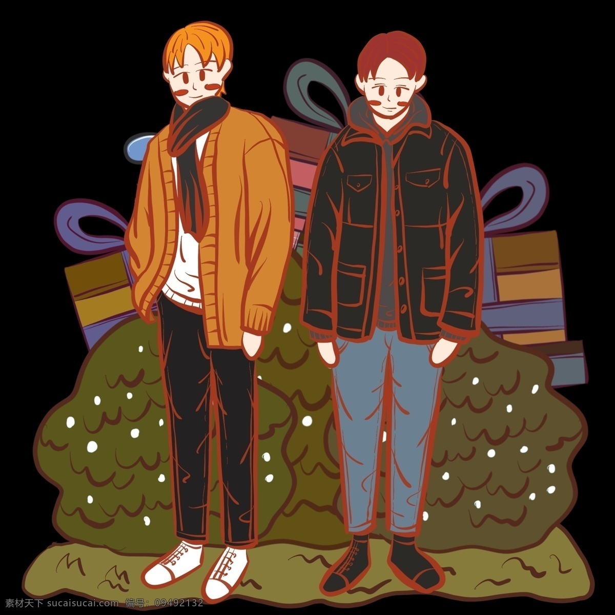 手绘 时尚 青年 购物 节 通用 文艺 小 插画 男性 时尚帅气青年 手绘可爱植物 礼品盒 针织衫 夹克 卫衣 双十 服装 衣 品类 节电 商 活动 图案