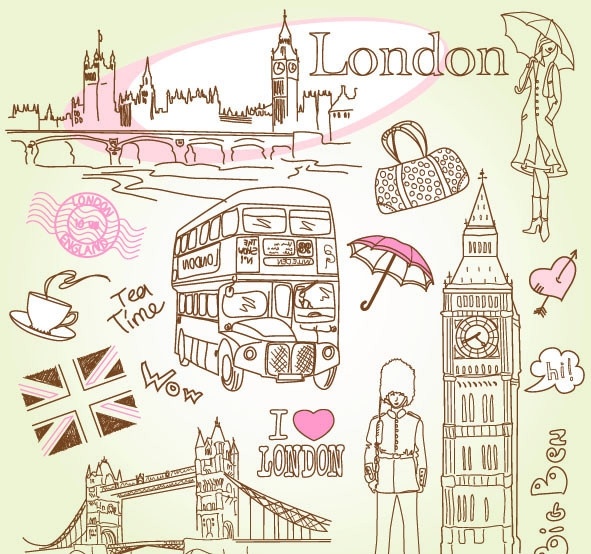 城市生活 线 稿 图 手绘 伦敦 巴黎 旅游 购物 名胜 埃菲尔铁塔 美女 箱包 雨伞 心形 巴士 线稿 白描 生活百科 矢量