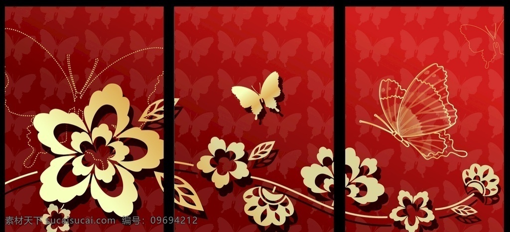无框画 矢量 矢量图 创意 装饰 画家居 挂画 装饰挂画 装饰墙画 花纹 藤蔓 蝴蝶 红色 底纹边框 花边花纹