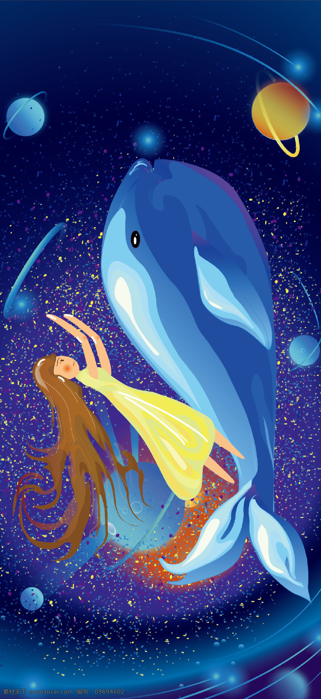 星际 女孩 鲸 奇妙 太空 之旅 鲸鱼 电脑桌面 插画 矢量 星际女孩 遨游太空 星球运转 粒子漩涡 手机壁纸 微 信 公众 号 图