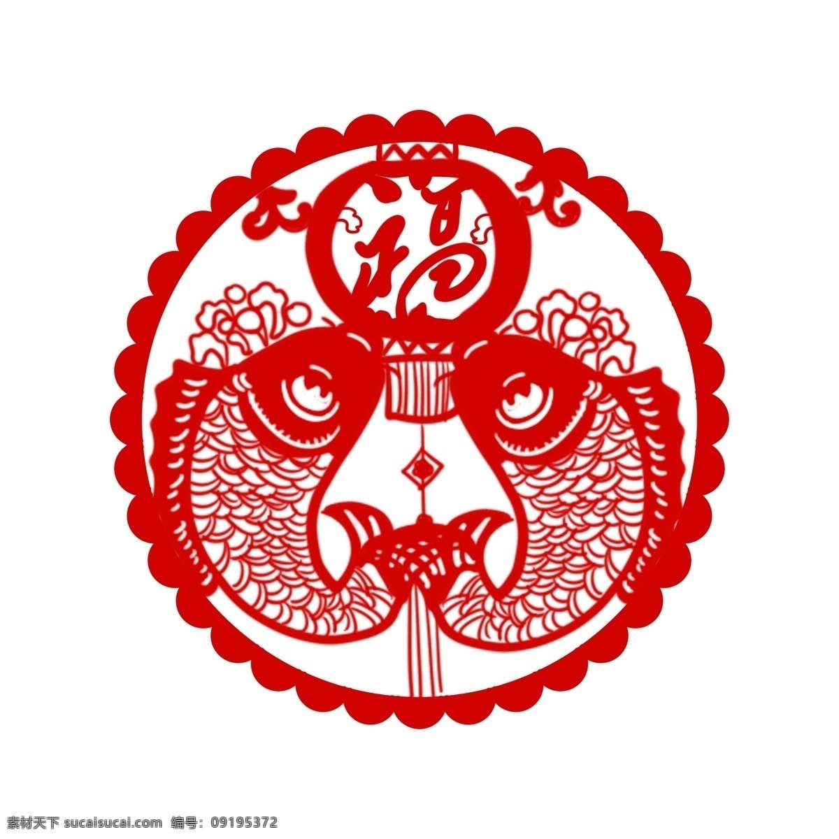 窗花 剪 纸鱼 福字 新年 传统节日 手绘 插画 商用 鲤鱼 灯笼 中国风 喜庆