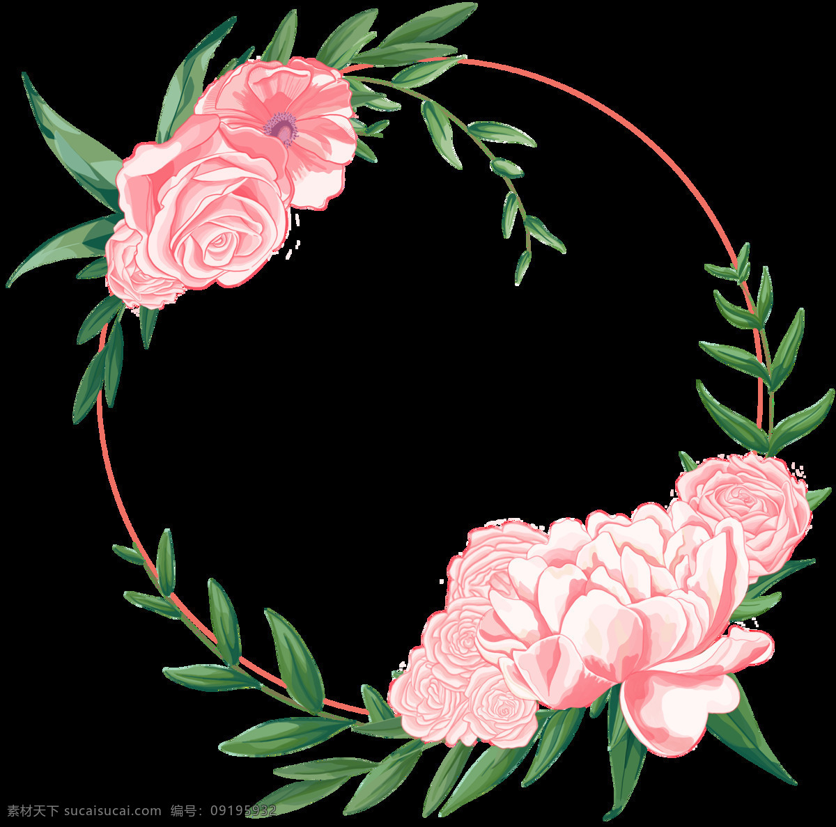 层次分明 花瓣 浪漫粉 绿色 免扣素材 手绘 水彩 透明素材 叶子 装饰图案 生动 玫瑰花 花环 透明