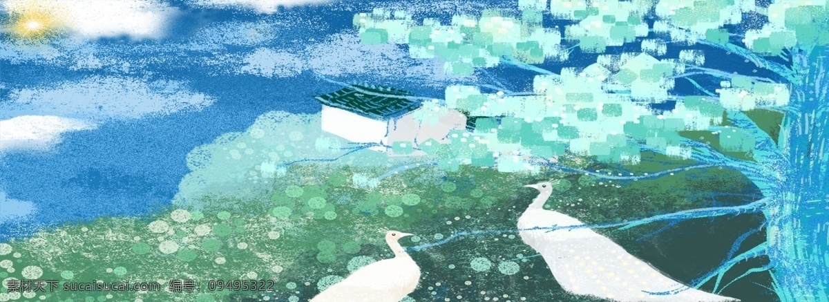 冷色 调 肌理 风 白 孔雀 树木 小屋 风景 背景 蓝色 绿色 肌理风 插画风 白孔雀 蓝天白云 建筑 太阳