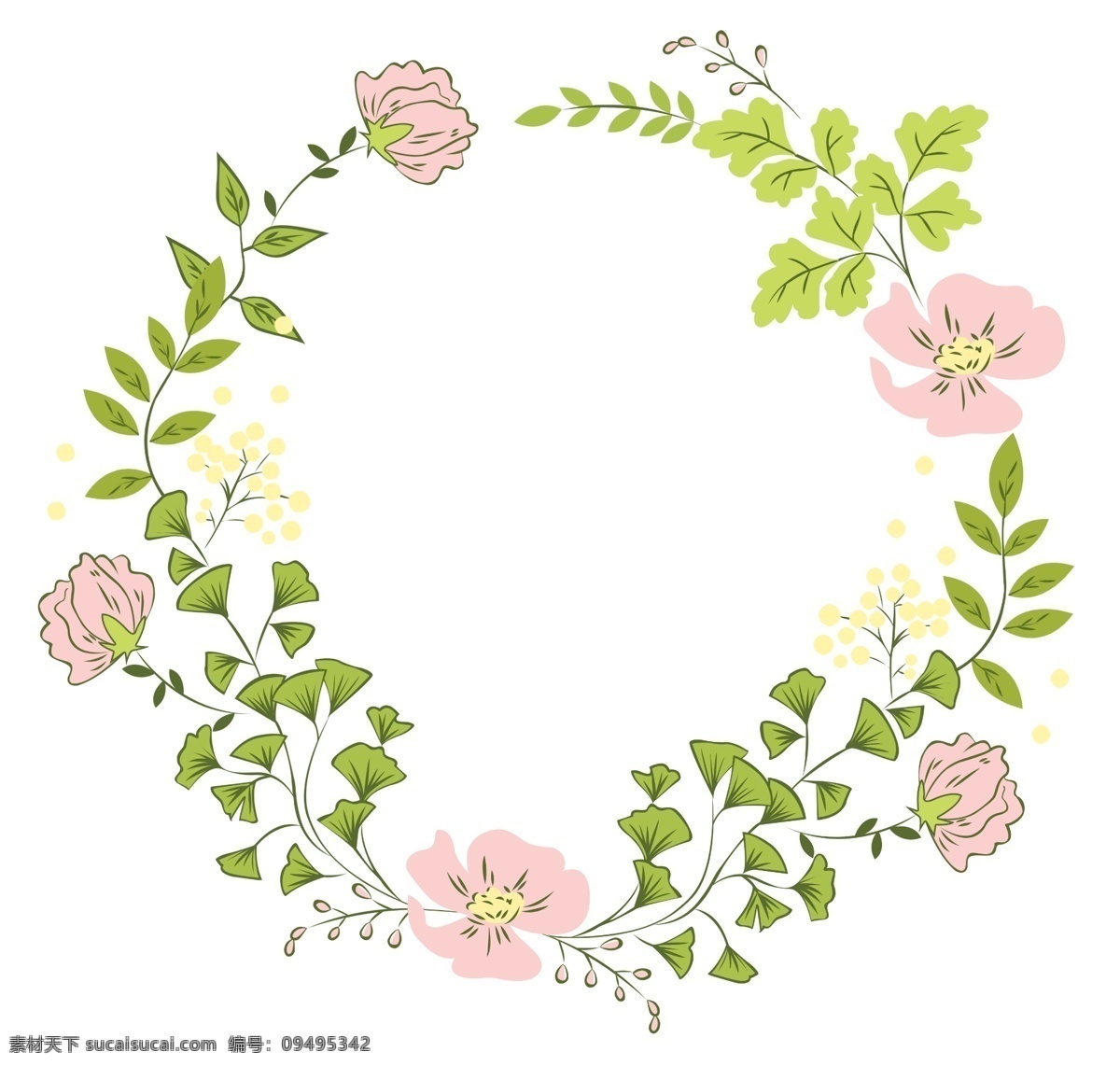 粉色 花朵 花环 边框 粉色花朵花环 卡通花环 绿叶装饰花环 圆形边框 花枝 枝条 植物花环 漂亮的花环