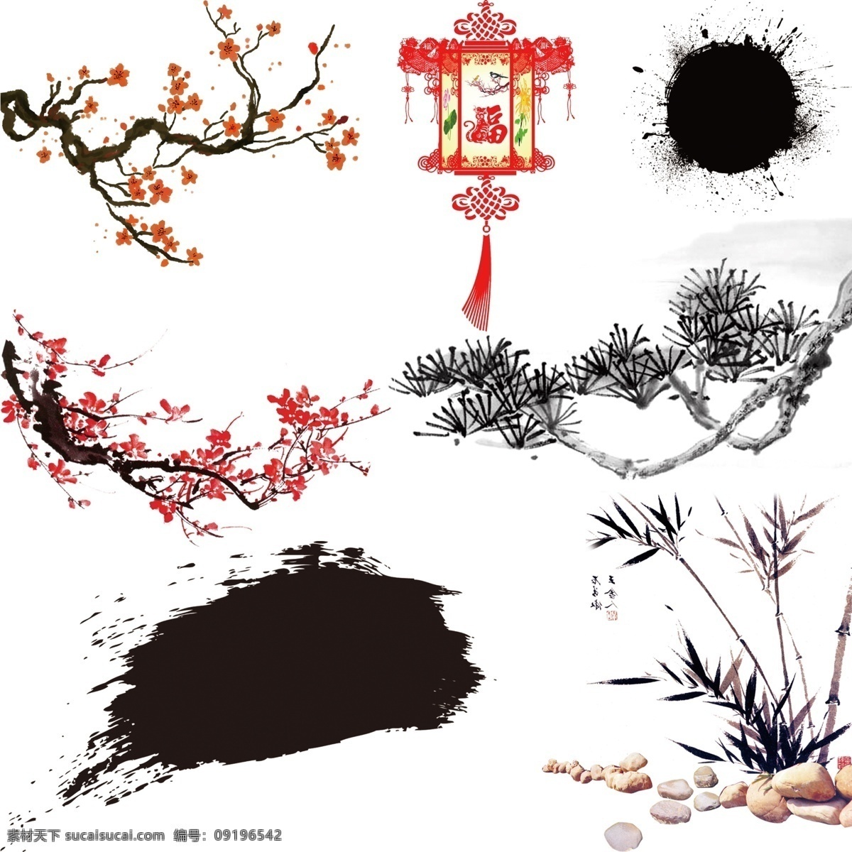 中国风元素 水墨 中国风 笔墨 梅花 竹子 灯笼 笔韵 笔锋 古典元素 分层