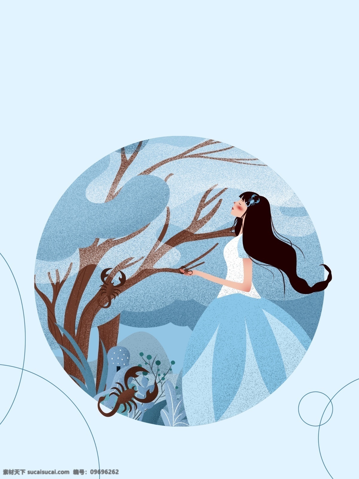 清新 天蝎座 少女 广告 背景 树枝 可爱 蓝色背景 鞋子 小花 广告背景 枯树