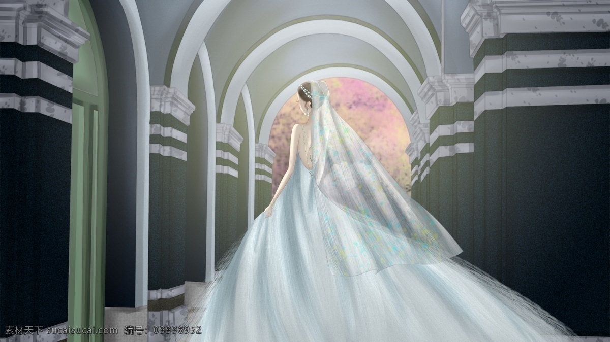 唯美新娘插画 教堂 背影 城堡 爱情 婚礼 婚庆 婚纱 结婚 七夕 新娘 唯美新娘 唯美婚纱 唯美插画 唯美 浪漫 水彩 小清新 手绘 插画 写意 治愈系