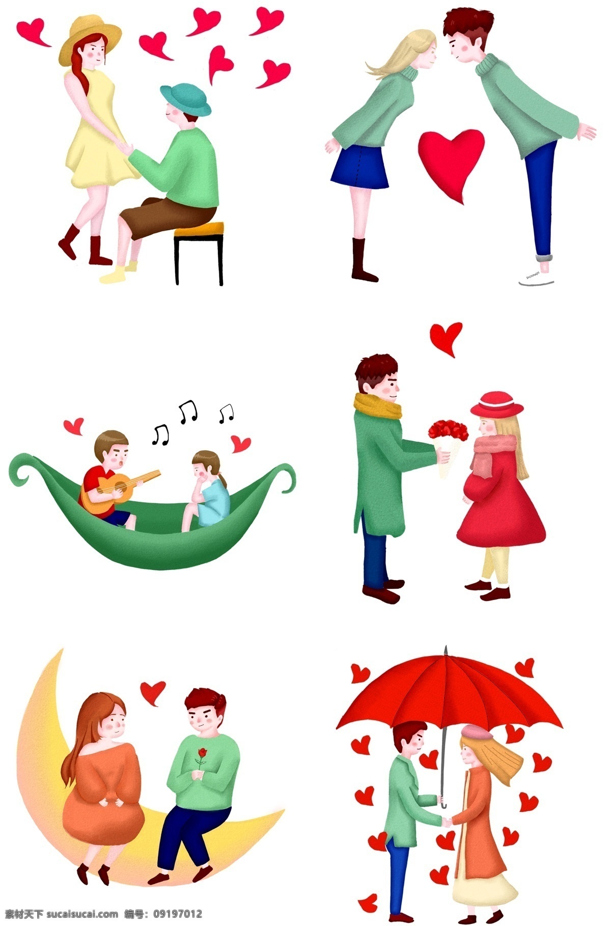 手绘 浪漫 情人节 合集 情人节插画 红色爱心 幸福情侣 浪漫情人节 情侣插画 约会的情侣