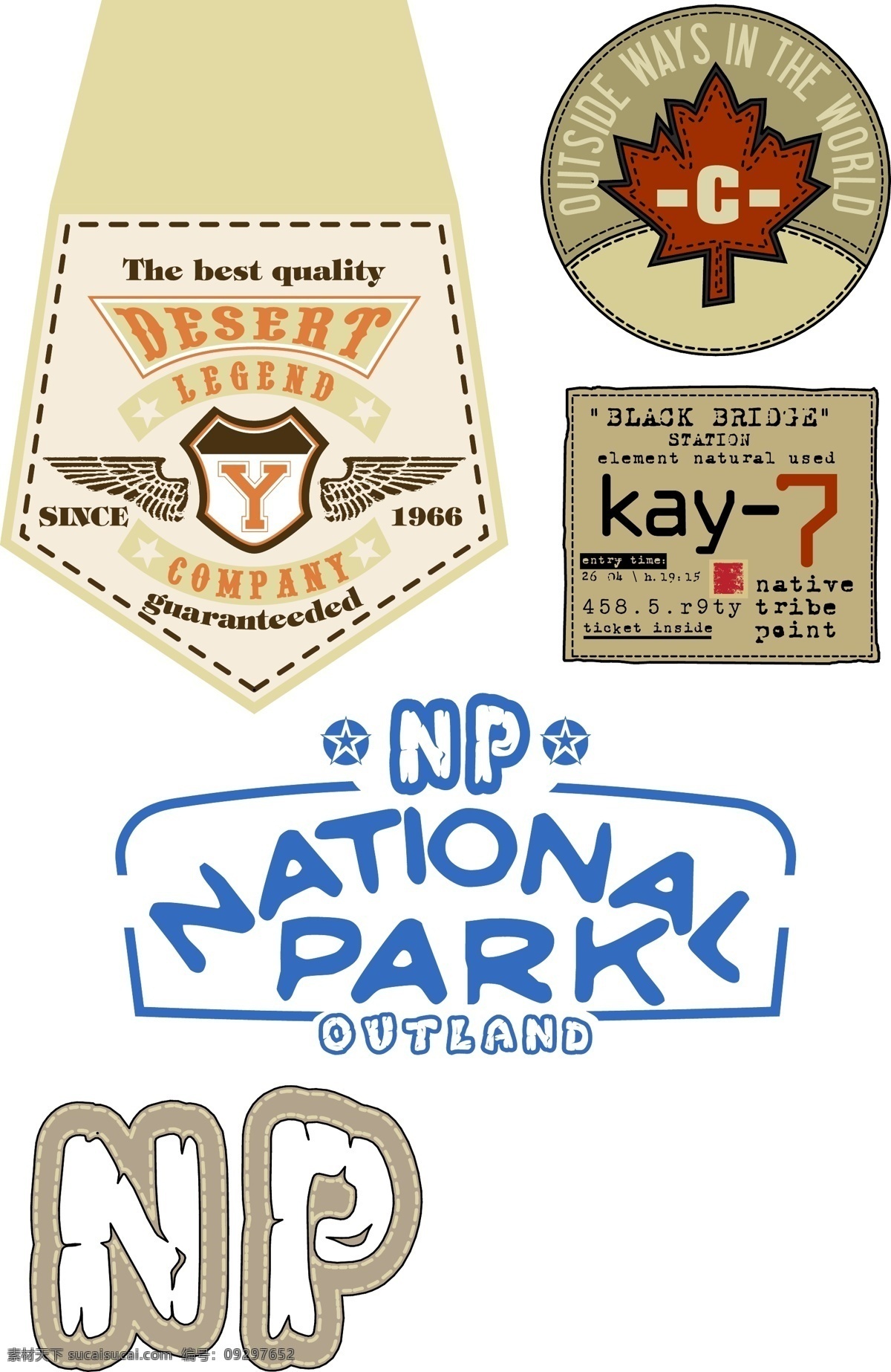 服装印花 欧美风格 生活百科 印花 英文字母 np national park kay 枫叶图案 带 翅膀 图案 徽章 矢量 矢量图 艺术字