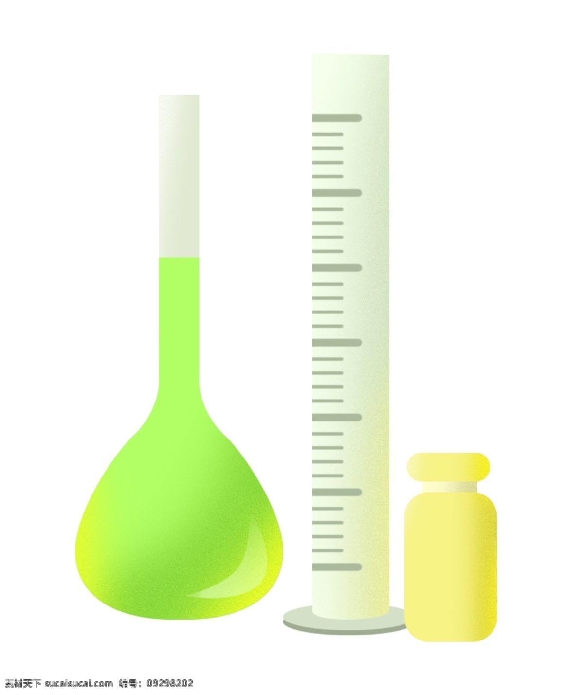 细 口 瓶 量筒 插画 黄色的试剂瓶 透明细口瓶 绿色的液体 化学实验用品 透明的量筒 实验器材