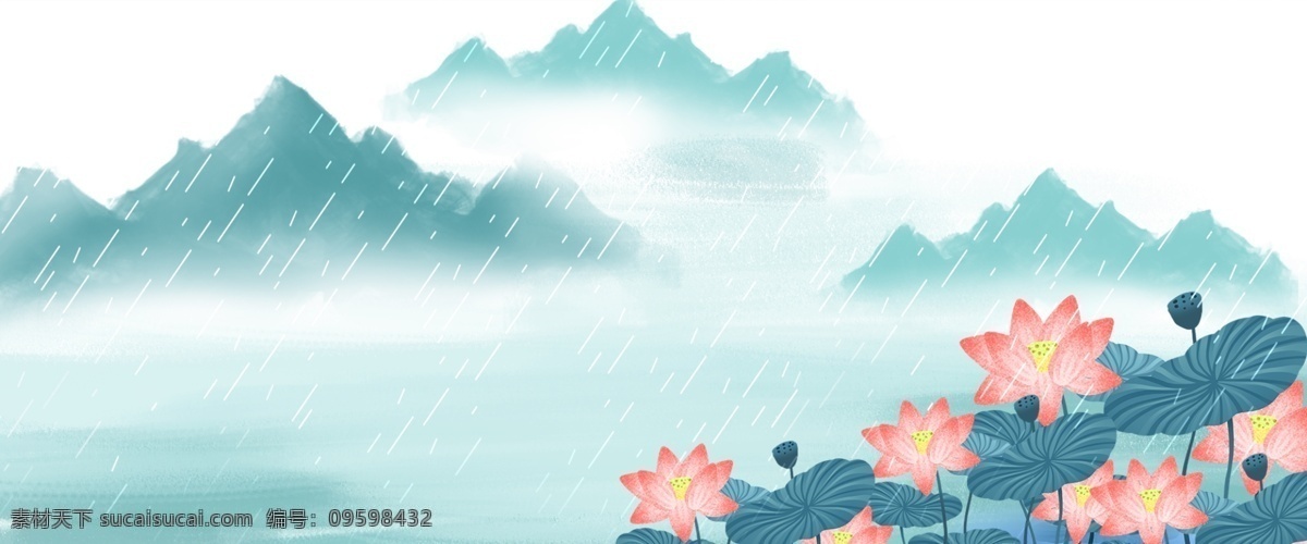 六月 荷花 荷塘 海报 背景 荷花背景 云雾缭绕 禅意 电商 古风 红花 祥云 六月花卉 中国风山