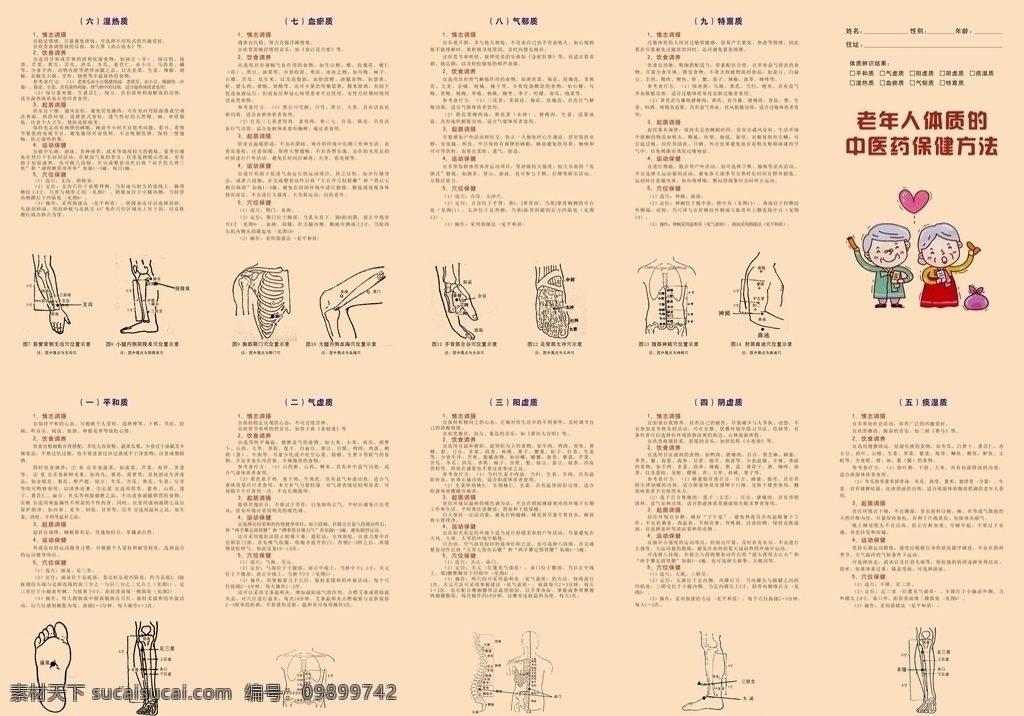 老年人 体质 中医药 保健 方法 老年人体质 底纹 五折页 卡通图片